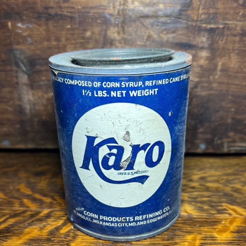 Vintage Karo Corn Syrup Tin 1.5 lb Blue Paper Label Advertising Kitchen Decor